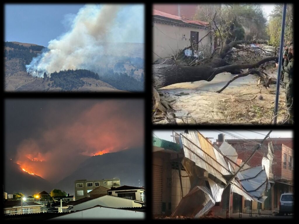 Destrozos por los vientos en Tarija y el incendio forestal en el Tunari. / Foto: RRSS