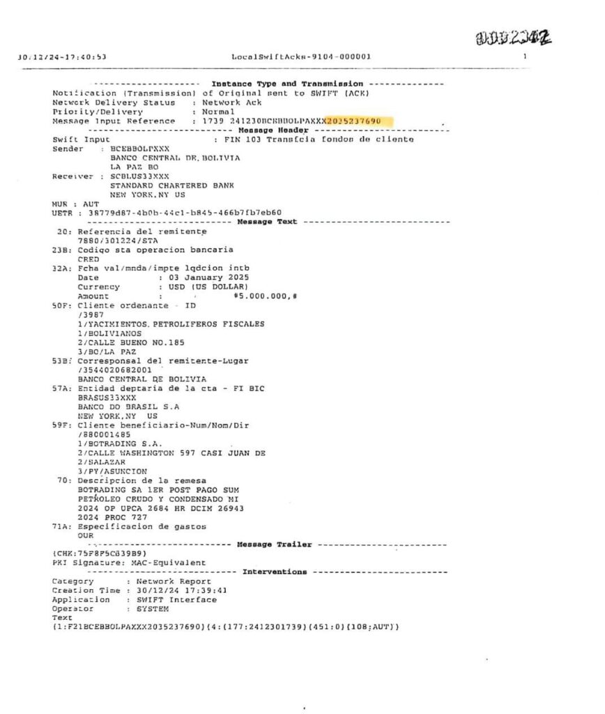 La supuesta transferencia del BCB para Botrading. Fuente Carlos Alarcón.