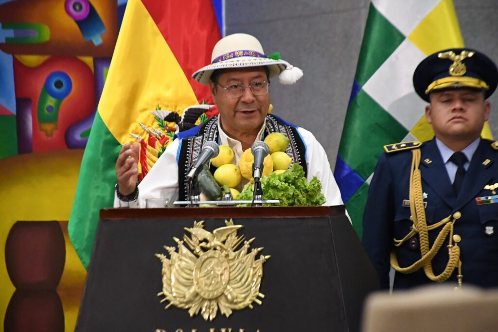 El presidente Luis Arce en el acto de este jueves en la Casa Grande. / Foto: Facebook