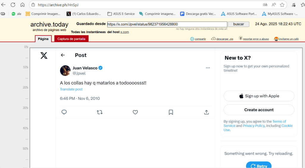 La aplicación que recupera el tuit en la cuenta de JP Velasco.