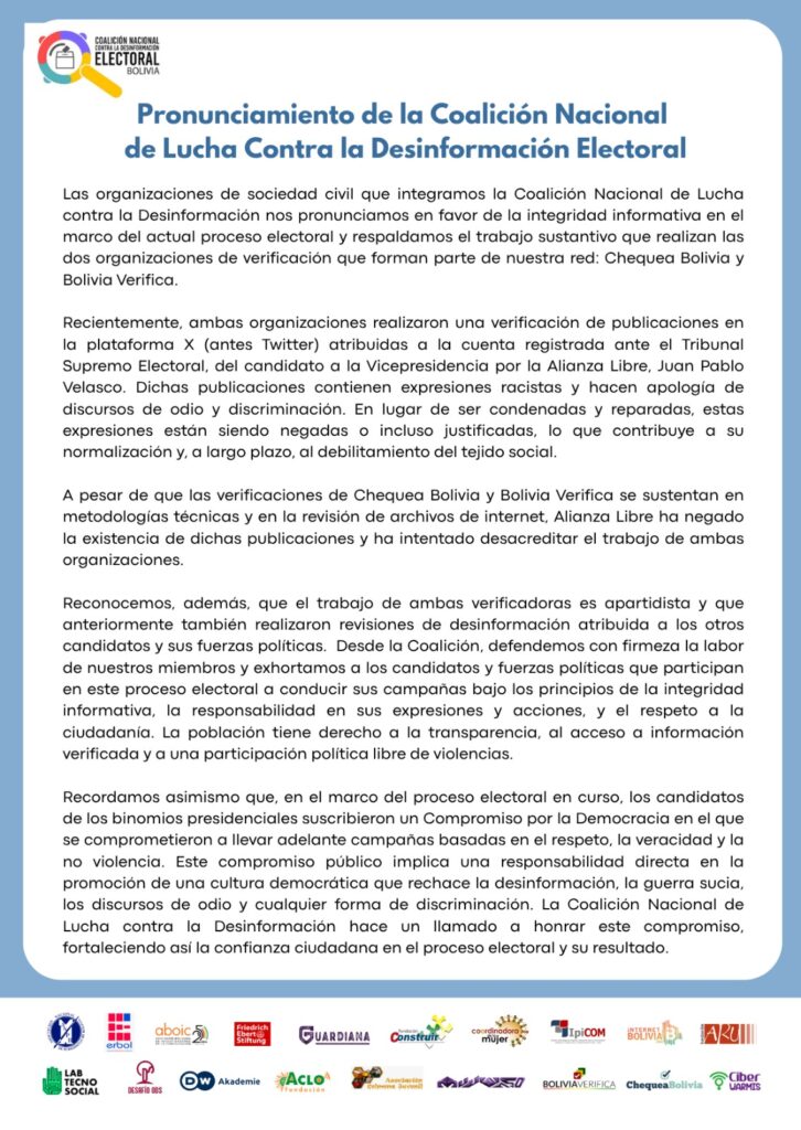 Pronunciamiento de la Coalición Nacional de Lucha contra la Desinformación sobre los tuits racistas atribuidas a Velasco