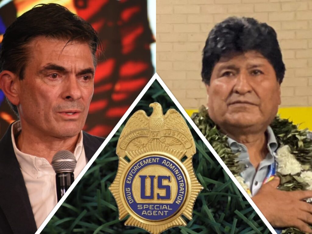 Rodrigo Paz, Evo Morales y un logo de la DEA. / Foto: Eju.tv