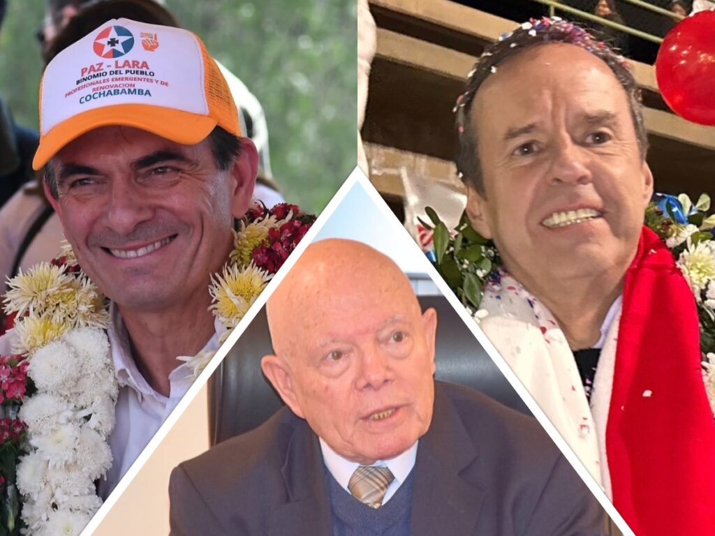 Rodrigo Paz, Jorge Tuto Quiroga y el presidente del TSE, Óscar Hassenteufel. / Foto: eju.tv
