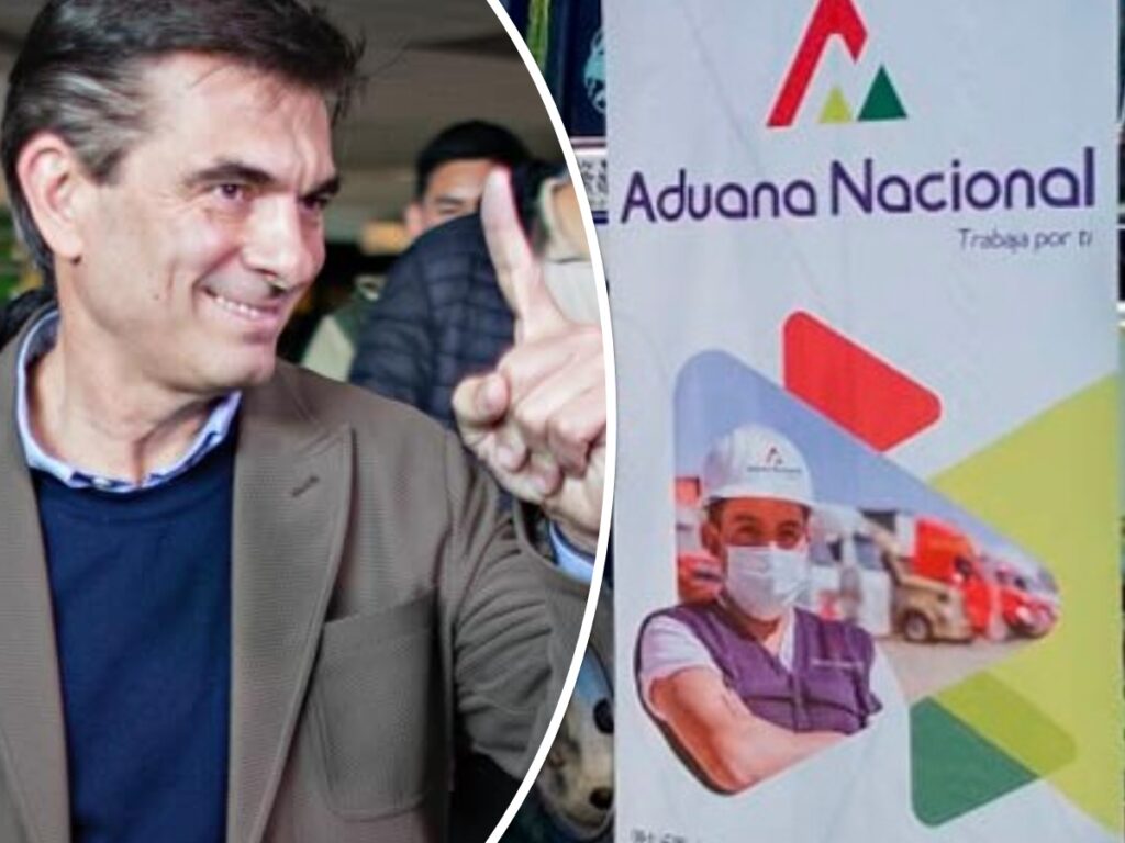 Rodrigo Paz y un logotipo de la Aduana. / Foto: eju.tv.