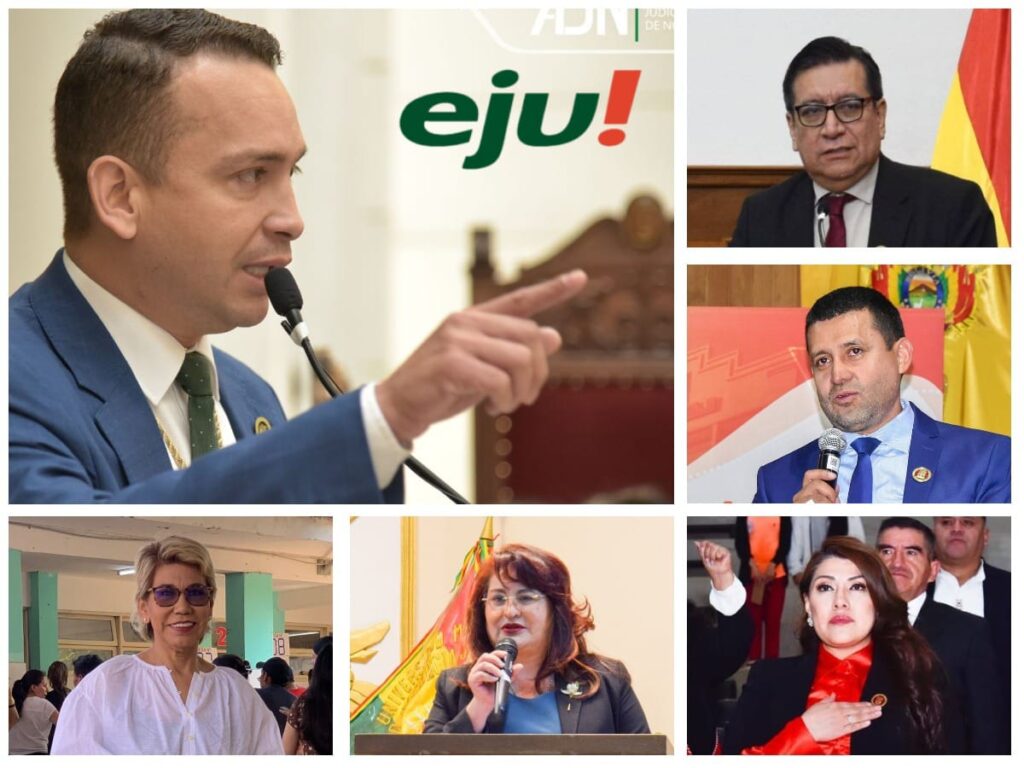 Romer Saucedo y los cinco magistrados a quienes denunció en la Fiscalía. / Fotocomposición eju.tv