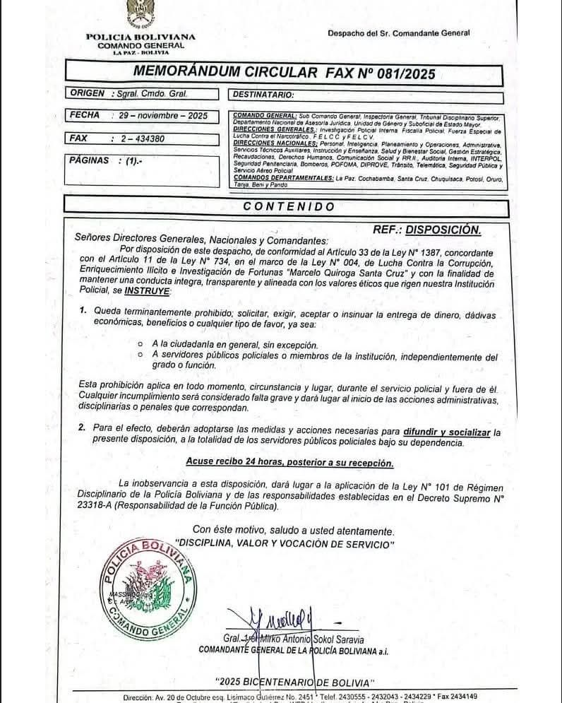 La orden de la Policía para prohibir cobros.