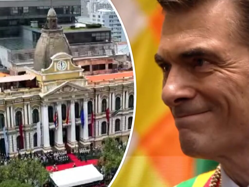 Rodrigo Paz y una vista de la plaza Murillo, donde cayó lluvia.