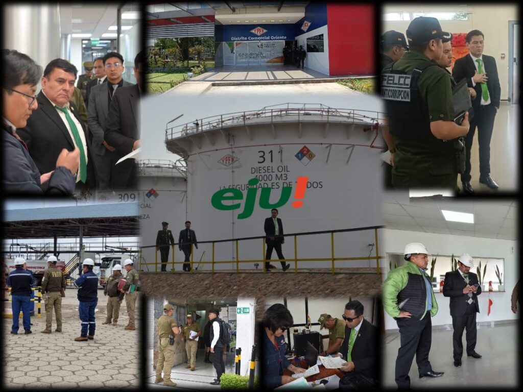 Intervenciones en dependencias de YPFB en cuatro departamentos. / Foto: Fiscalía - fotocomposición eju.tv