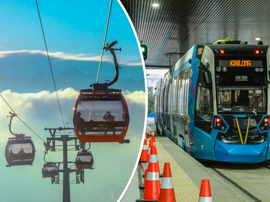 El teleférico de La Paz y el tren de Cochabamba. / Fotocomposición de eju.tv