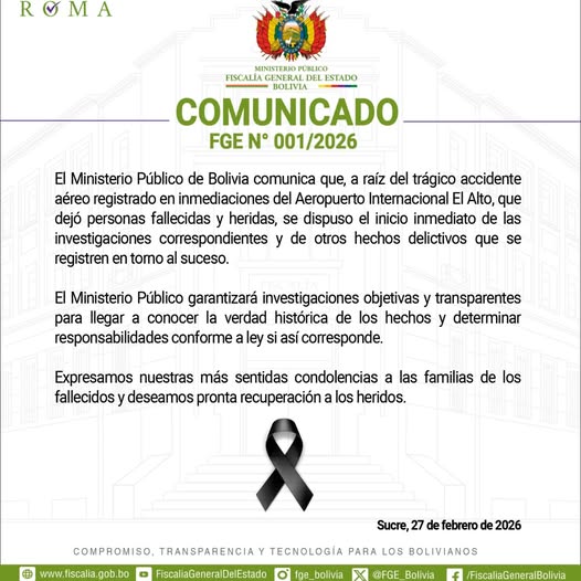 Comunicado de la Fiscalía General del Estado sobre el accidente aéreo de El Alto. / Foto: FGE.