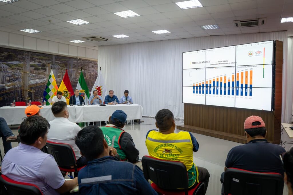 La reunión de personal de YPFB, la ANH y representantes del sector de mototaxistas. / Foto: YPFB.