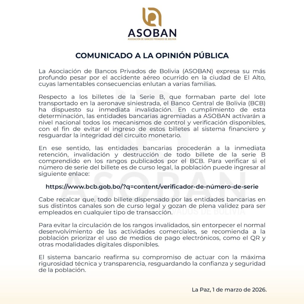 Comunicado de Asoban sobre los billetes de la serie B
