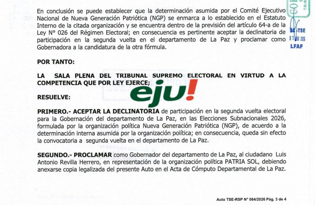 La resolución del TSE sobre el caso NGP. / Foto: eju.tv.