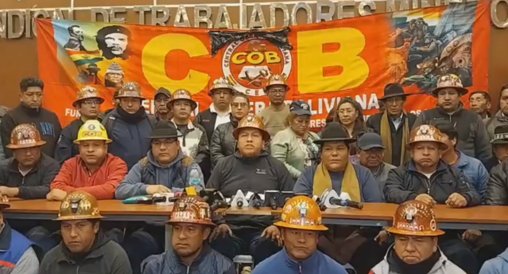 La dirigencia de la COB en la conferencia del martes. / Foto: Captura video.