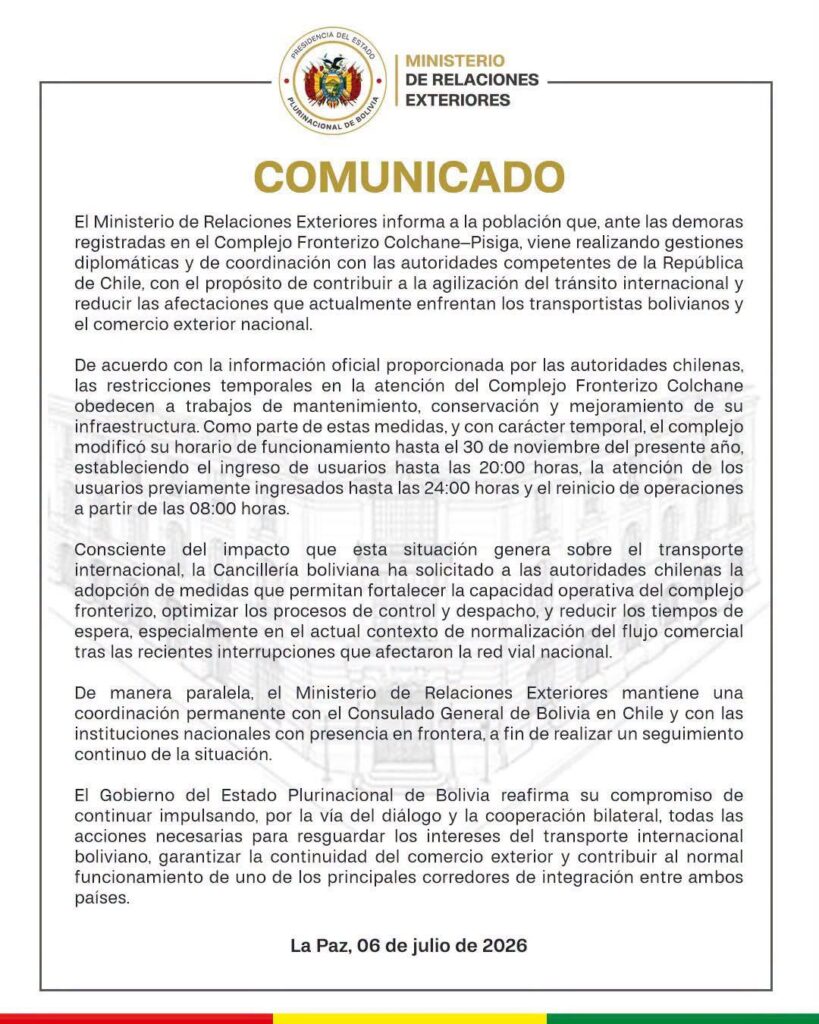 Comunicado de la Cancillería de Bolivia sobre Colchane