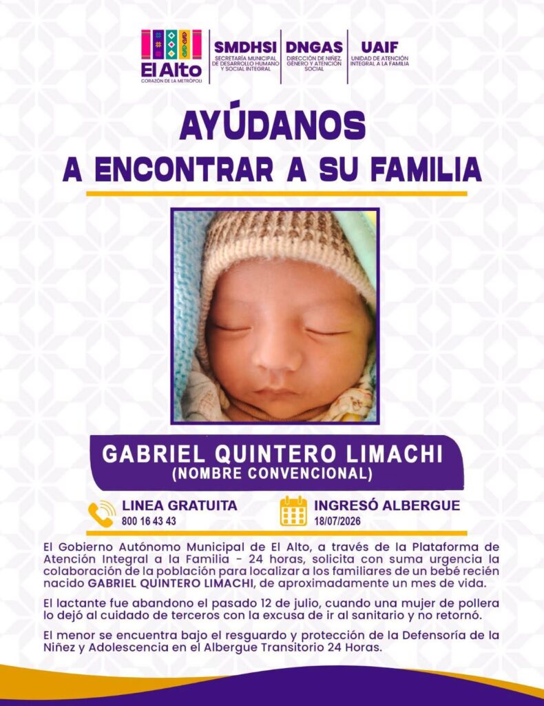 El bebé Gabriel Quintero Limachi, que fue abandonado en El Alto.