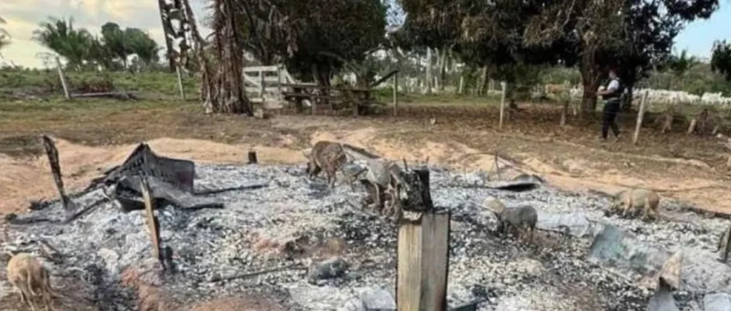 Los restos de la vivienda donde se hallaron los cuerpos en 2025. / Foto: Unitel Pando.