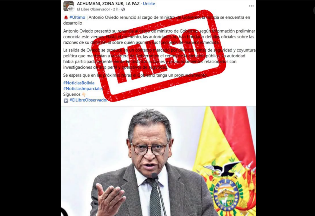 La publicación falsa sobre la renuncia del ministro Oviedo. / Foto: Min. Gob.