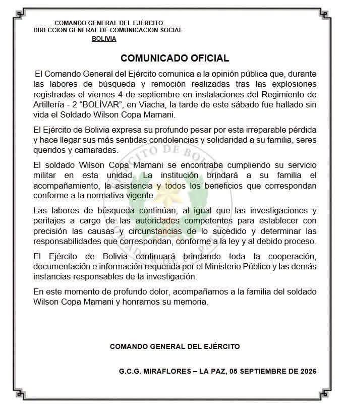 El comunicado del Ejército de Bolivia sobre el caso de Viacha