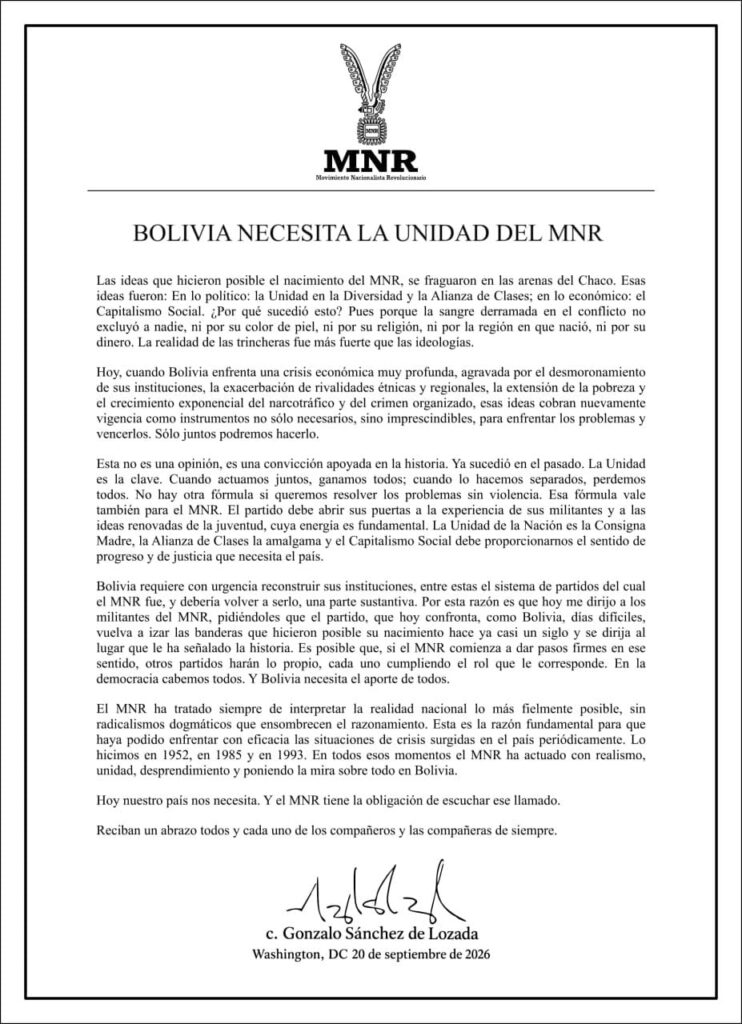 El texto publicado por el expresidente Gonzalo Sánchez de Lozada