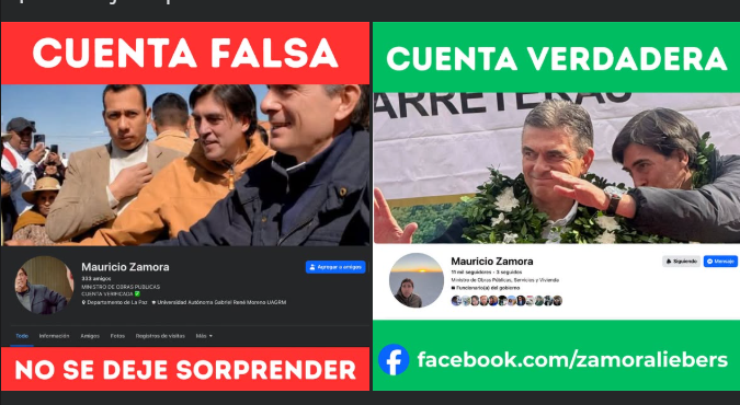 La cuenta de Facebook falsa y la verdadera. / Foto: MOP