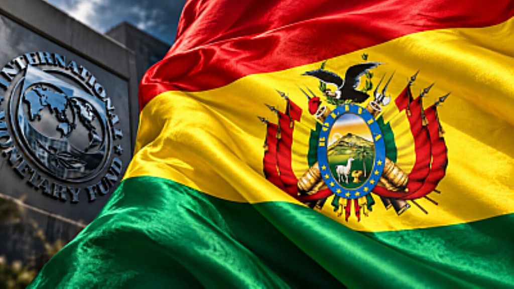 El logo del FMI y la bandera boliviana. Foto BTV
