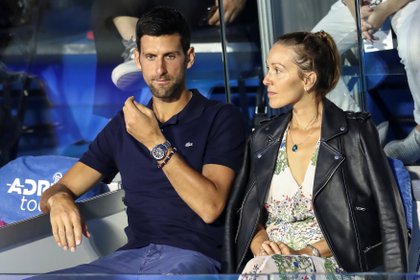Serbia's Novak Djokovic with his wife Jelena in the stands during Adria Tour at Novak Tennis Centre in Belgrade, Serbia, June 14, 2020. Picture taken June 14, 2020. REUTERS/Marko Djurica