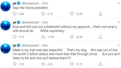 Los mensajes en Twitter de Kanye West que debió borrar. Atacaba a su esposa Kim Kardashian y a su suegra, Kris Jenner (Twitter)
