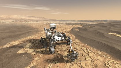 Esta ilustración muestra el rover Mars 2020 de la NASA en la superficie de Marte. La misión da el siguiente paso no solo buscando signos de condiciones habitables en Marte, sino también buscando signos de vida microbiana en el pasado. (NASA/JPL-Caltech)