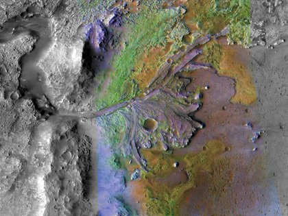 Esta imagen del cráter Jezero, el lugar de aterrizaje del Mars Perseverance Rover, fue tomada por el Mars Reconnaissance Orbiter de la NASA.  (NASA/JPL-Caltech/MSSS/JHU-APL)