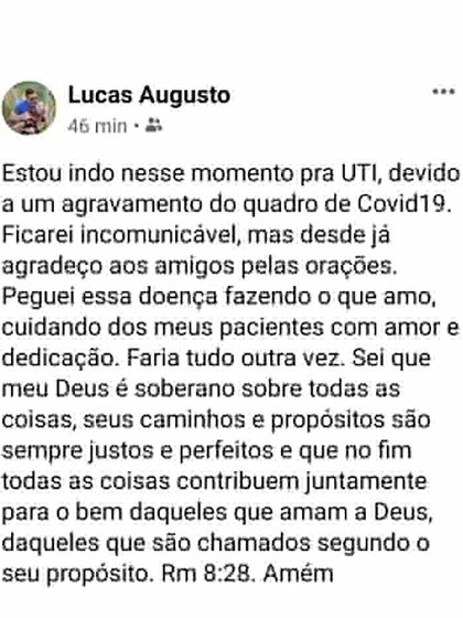 El mensaje de Lucas Augusto Pires en su cuenta de Facebook, antes de entrar en la UTI