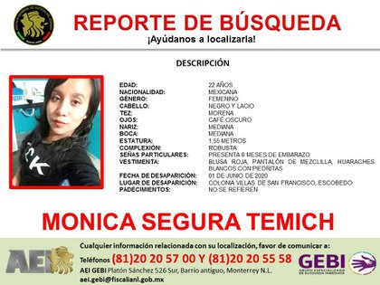 La ficha de búsqueda de Mónica Segura Temich (Foto: FGJ Nuevo Léon)