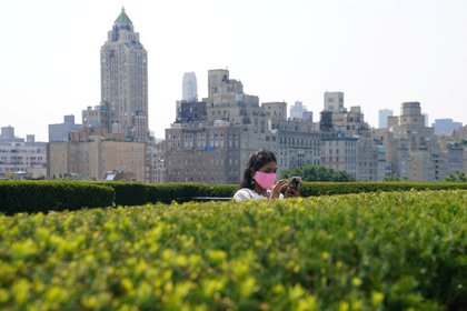 Una mujer revisa su teléfono en la nueva terraza de al Museo Metropolitano de Arte en su primer día de reapertura (Reuters)