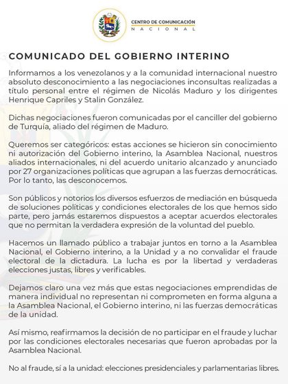 Comunicado del Gobierno Interino tras las negociaciones de Capriles y Stalin González 
