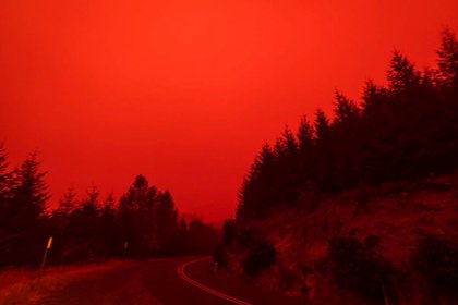 Así estuvo el cielo rojo y el humo espeso el miércoles en Salem City, Oregon (ZAK STONE/via REUTERS)