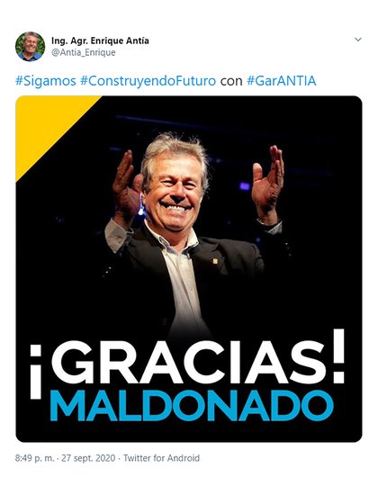 Antía agradeció el respaldo de MAldonado en su cuenta de Twitter