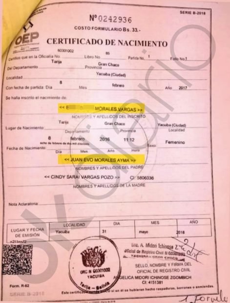 Certificado de nacimiento de la hija secreta de Evo Morales. 