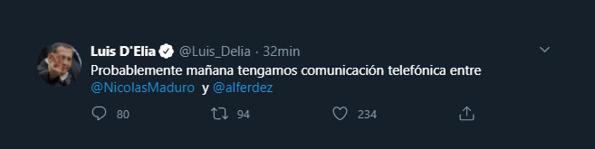 El tuit del dirigente piquetero revelando la llamada teléfoníca entre Alberto Fernández y Nicolás Maduro. (Twitter: @Luis_Delia)