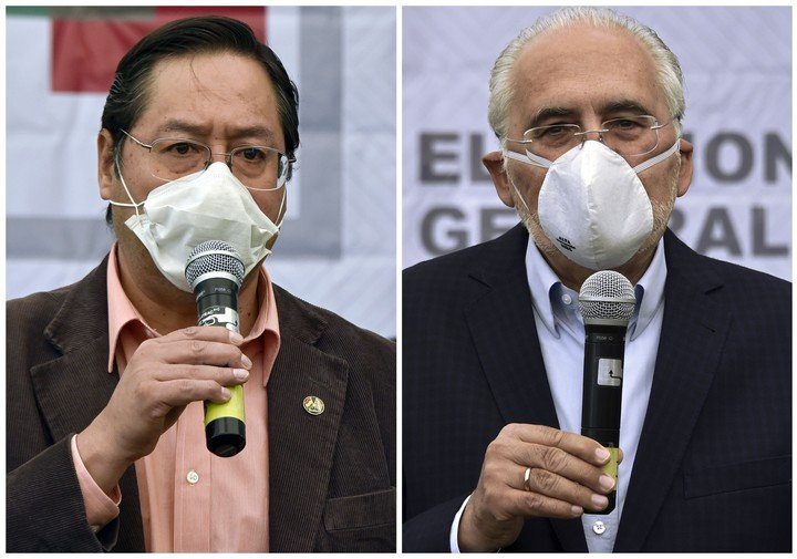 El candidato Luis Arce, del MAS, y Carlos Mesa, de Comunidad Ciudadana, los candidatos con más chances de llegar a la presidencia de Bolivia. Foto: AFP