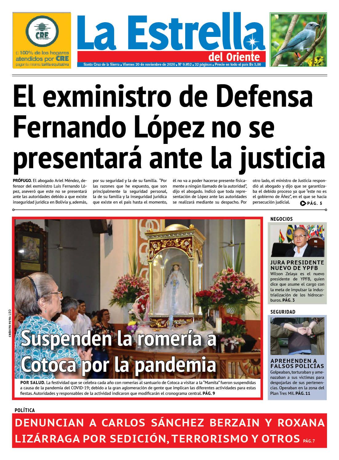 Portadas de periódicos de Bolivia del viernes 20 de noviembre del 2020 –  