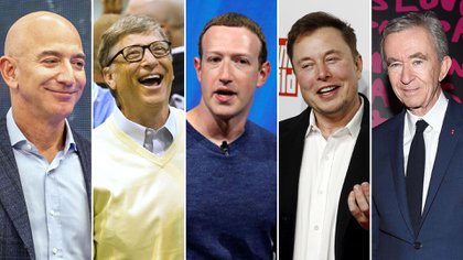 Jeff Bezos, Bill Gates, Mark Zuckerberg, Elon Musk y Bernard Arnault