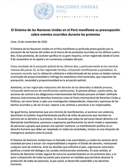 Comunicado de la ONU sobre los disturbios en Perú
