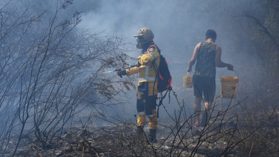 Los bomberos intentan controlar y sofocar el incendio en la zona de Cantarrana. DICO SOLÍS