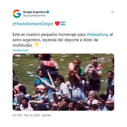 Uno de los tuits de Google Argentina para rendir homenaje a Maradona pocas horas después de su muerte