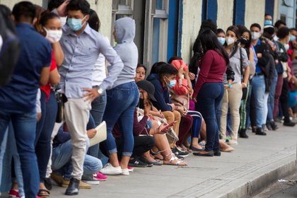 Decenas de jóvenes hondureños hacen fila para entregar papeles en una empresa privada y optar a un empleo en Tegucigalpa el 8 de diciembre de 2020. EFE/Gustavo Amador/Archivo 