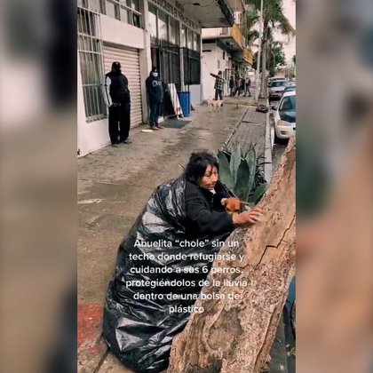 Policías acudieron ante una denuncia ciudadana para llevar a un albergue a la mujer que vive en la calle durante una tarde fría con lluvia, sin embargo ella declinó la invitación y argumentó que estaría bien en compañía de los canes Foto: (Captura de pantalla Tik Tok @omartineztj)
