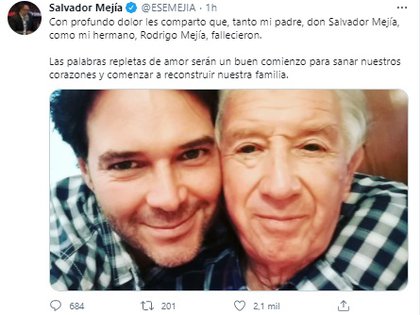 Con este mensaje, Salvador Mejía hijo confirmó la muerte de su hermano (Foto: Twitter Salvador Mejía)