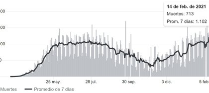 La curva de los decesos diarios y el promedio de muertes de 7 días en Brasil (JHU/Google)