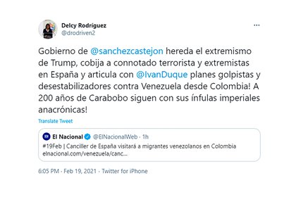 El tuit de Delcy Rodríguez contra Pedro Sánchez, Iván Duque y Donald Trump