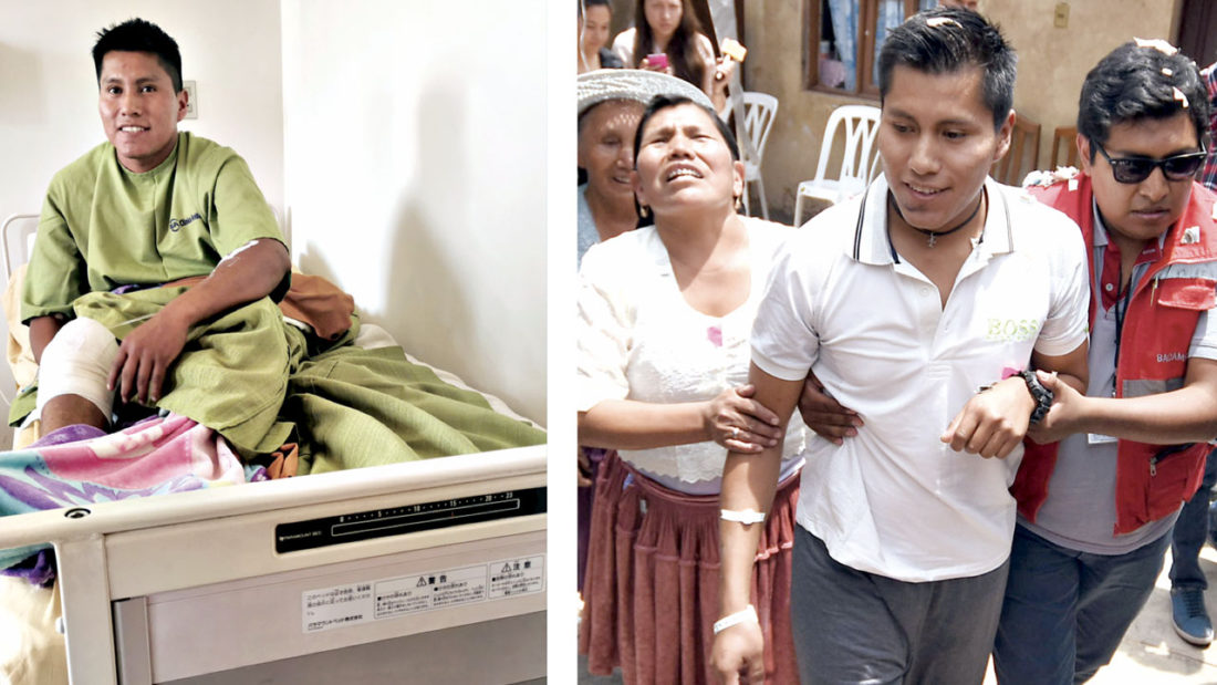 Erwin Tumiri internado en la clínica Arébalo, de Sacaba, este lunes (i) y en noviembre de 2016, recibido por su mamá y otros familiares, tras recibir el alta luego del accidente. MELISSA REVOLLO-DICO SOLÍS